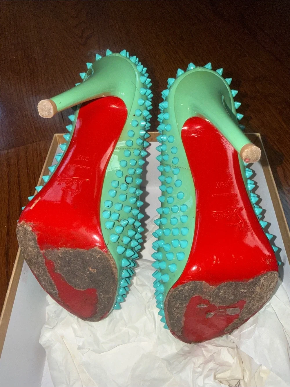 Christian Louboutin Turquoise Spike Peep-Toe Heels - Picture 4 of 5